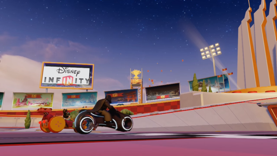Darth Vader riding a 'TRON' light cycle while racing Vanellope on the Sugar Rush Speedway