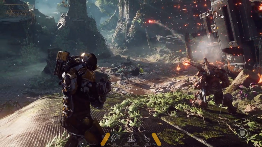 Your ally steps in, with a tank-like Colossus-class Javelin, and uses a shoulder-mounted mortar weapon. The wreck on the right is a giant mech – kinda 'Horizon Zero Dawn' style
