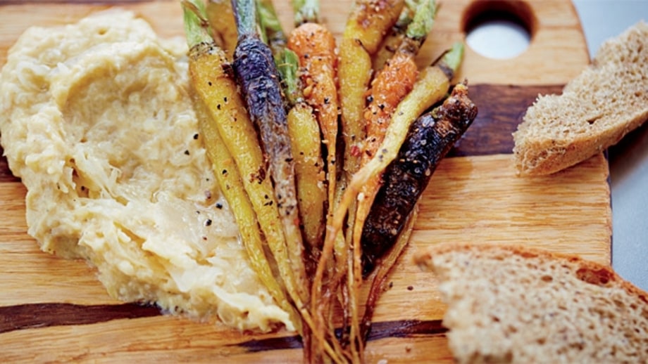 Spiced Little Carrots with Chickpea-Sauerkraut Puree