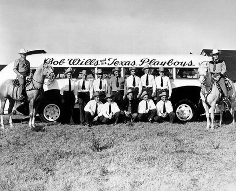Bob Wills and His Texas Playboys photographed in October of 1945 in Fresno, California.