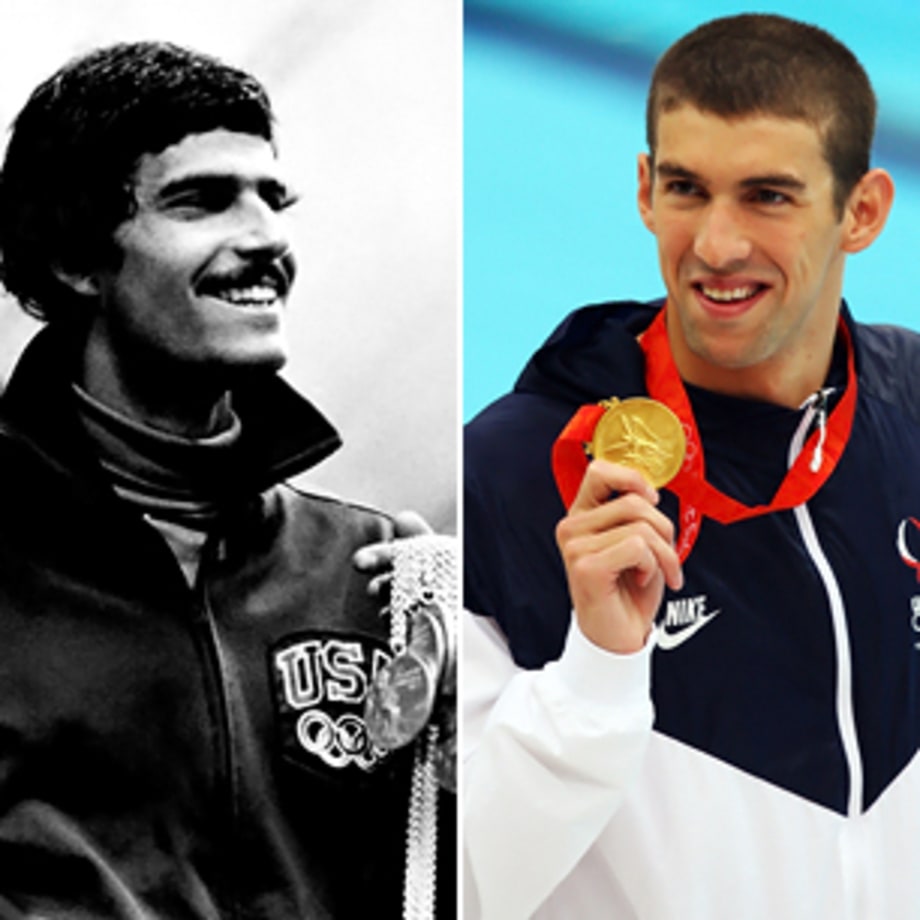 Tie: Mark Spitz (Munich 1972) and Michael Phelps (Bejing 2008)