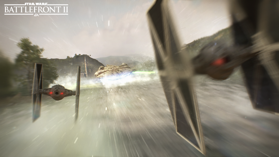 Millennium Falcon skims the water, chased by TIE Fighters