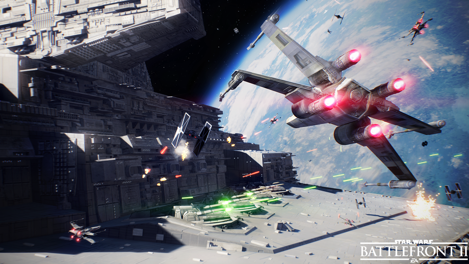 X-Wings and TIE Fighters dogfighting over an Imperial Star Destroyer