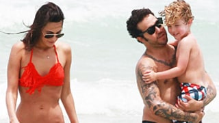 Pete Wentz Plays on Beach With Son Bronx, Girlfriend Meagan Camper Shows Off Sexy Bikini Body