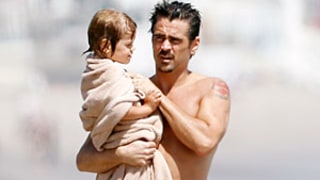 Colin Farrell, Wet and Shirtless, Cuddles Adorable Son Henry on Beach