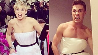 Jennifer Lawrence's Golden Globes Dress Sparks #Lawrencing Trend, Spoofed by Colton Haynes