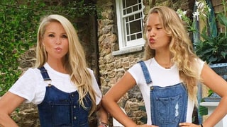 Christie Brinkley and Mini-Me Daughter Sailor Twin in Denim Overalls