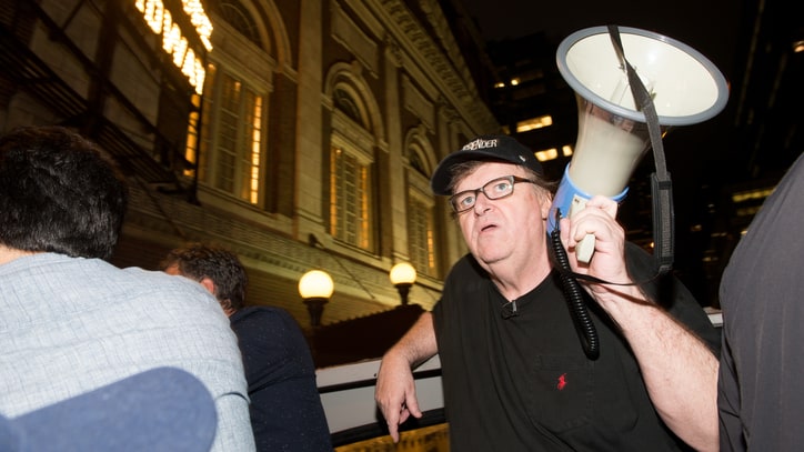 Michael Moore, Mark Ruffalo Take Broadway Crowd to Protest Donald Trump