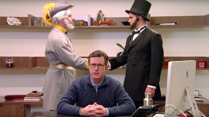 Watch Colbert Mock 'Bathroom Bill' With Civil War Make-Out