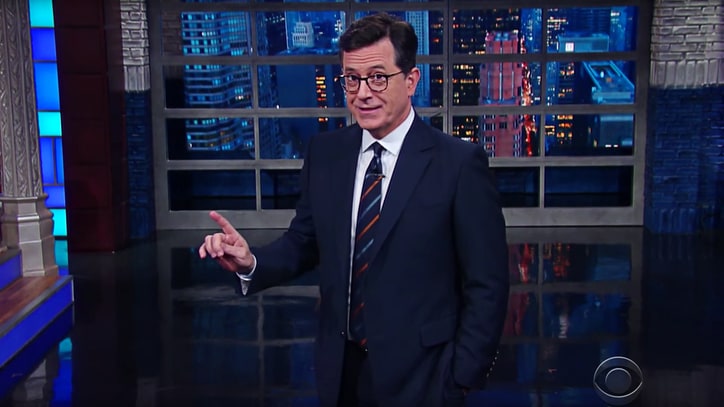 Watch Stephen Colbert Mock Donald Trump, Mitt Romney Dinner Photo