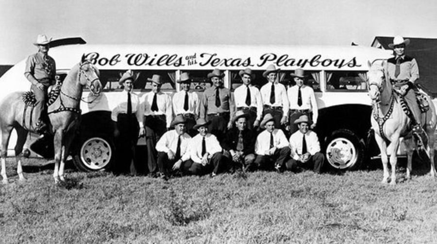 Bob Wills and His Texas Playboys photographed in October of 1945 in Fresno, California.