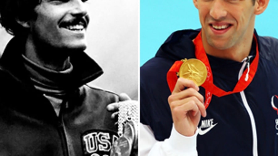 Tie: Mark Spitz (Munich 1972) and Michael Phelps (Bejing 2008)